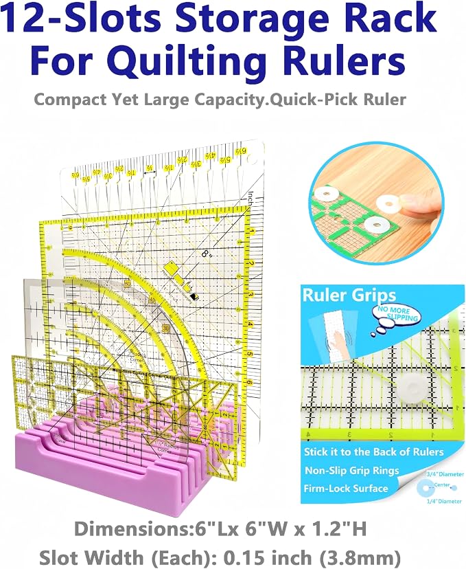 Quilting KIT with Quilting Ruler Holder, Rotary Cutter, Curved Corner Cutter Quilting Ruler, Slotted Quilting Ruler, Arcs & Fans Quilt Circle Cutter Ruler,Non Slip Ruler Grip Rings, Heat Erasable Pens