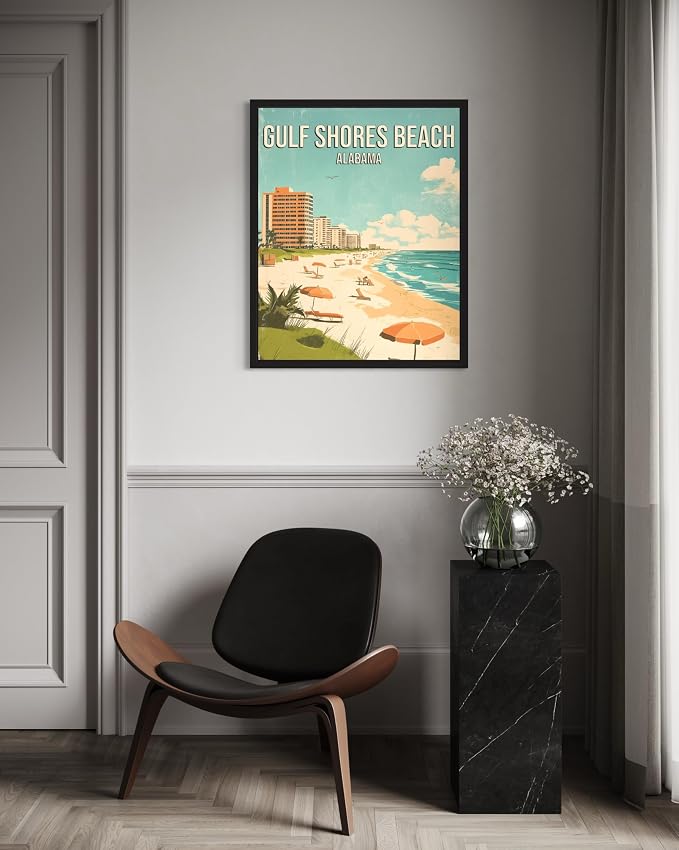 Gulf Shores Beach Alabama Black Framed Wall Art Print Poster, US Vintage Retro Beach Scenery Posters Prints for Restroom Home Picture Painting Artwork Gallery 219 (Gulf Shores Beach Alabama, 14"L x 11"W, Black Frame)
