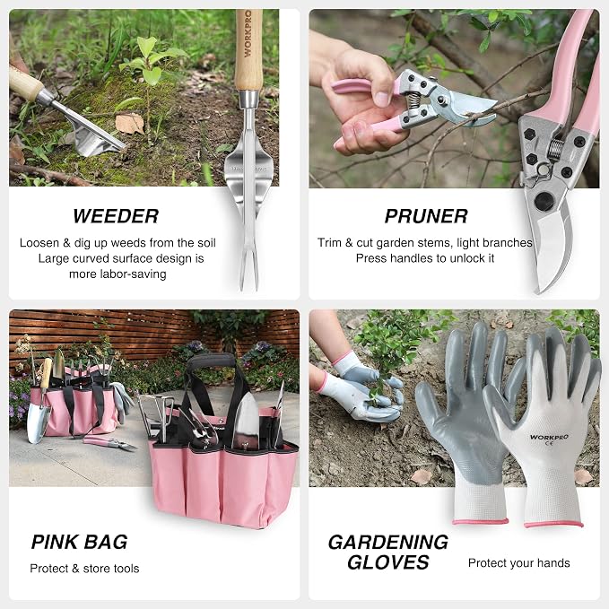 WORKPRO 8-Piece Pink Garden Tool Set, Stainless Steel Gardening Tools with Wood Handle, Including Garden Tote, Gloves, Trowel, Hand Weeder, Cultivator and More, Gardening Gifts for Women - Pink