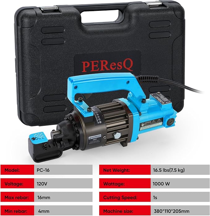 Electric Hydraulic Rebar Cutter, 1000W 120V Corded, Portable Steel Bar Cutter, 5/8" (#5) 4-16mm Capacity,Cutting Speed 1s, Lightweight 16.5 lbs, Model PC-16 (Blue-16)