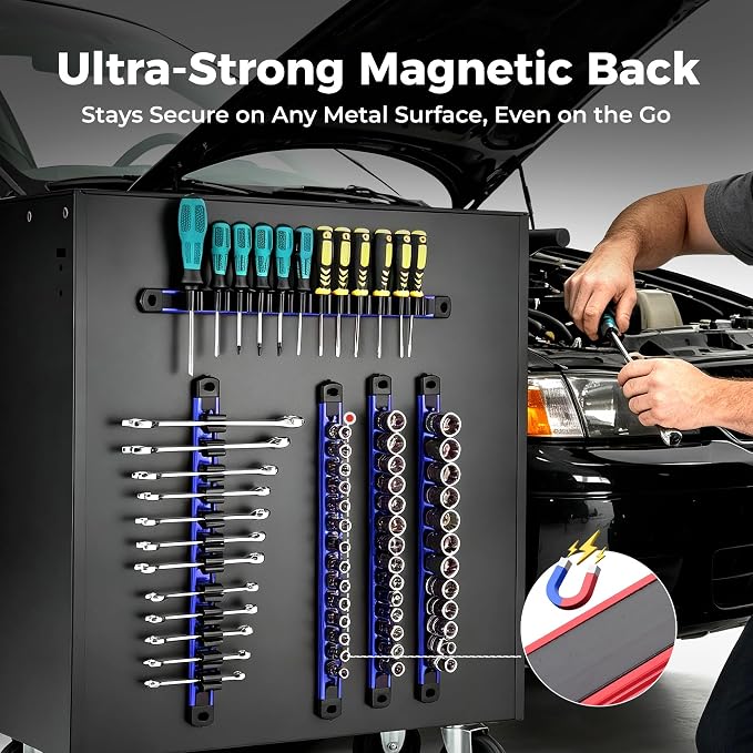 Reniteco 6-Piece Magnetic Socket Organizer and Screwdriver Organizer Set | 3-Piece 1/4", 3/8" & 1/2" Drive Socket Rails, 3-Piece Wrench Screwdriver Holder, Interchangeable Clips, Aluminum Alloy Rail