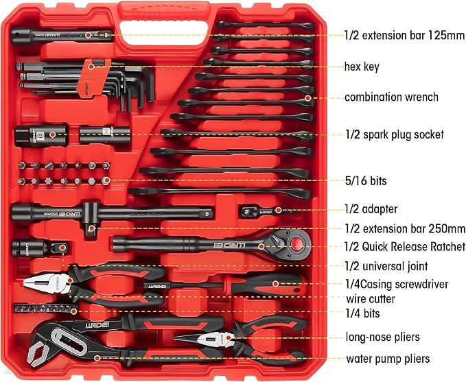 LLNDEI 112Pcs Mechanics Tool Set, 1/2" Drive Ratchet Wrench Tool Set | SAE and Metric, 6&12-Point Sockets Set with Bits, Combination Wrench universal joint adapter, with Storage Case