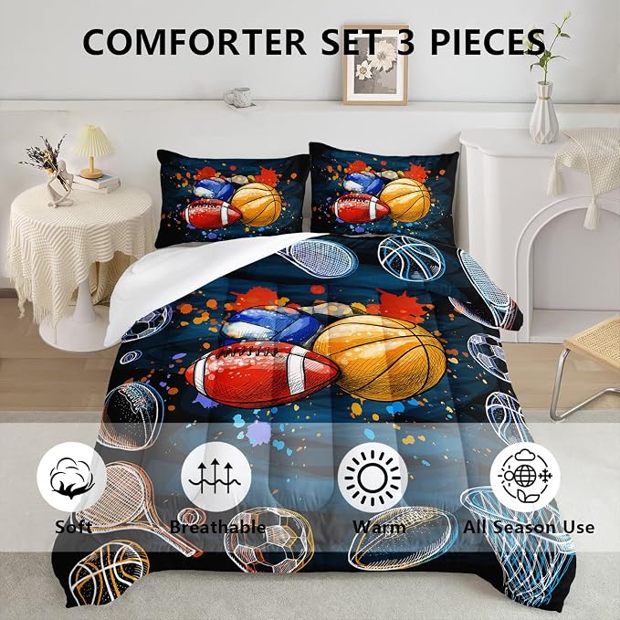 Axolotl Ball Game Bedding Set Twin, Basketball & Volleyball Comforter Set Sports Bedding, Soccer & Football Comforter Colorful Grunge Style for Kids Boys Teens, 1 Quilt 2 Pillowcases