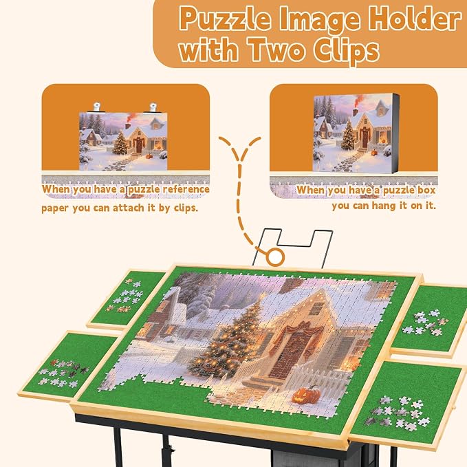 Jigsaw Puzzle Table with Drawers × 6,1500pcs Adjustable Height and Five up Angles Puzzle Tables for Adults with Drawers,Cover,Wheels for Indoor Game in Winter(Green)