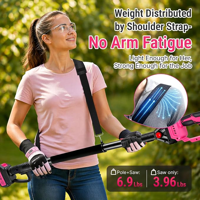 Pink 2-in-1 Cordless Pole Saw for Tree Trimming, 8-Inch Mini Chainsaw with Extension Pole, Battery Powered Tree Trimmer for Branches and Limbs, Adjustable Angle, Auto Oiler, 2× 4000mAh Batteries