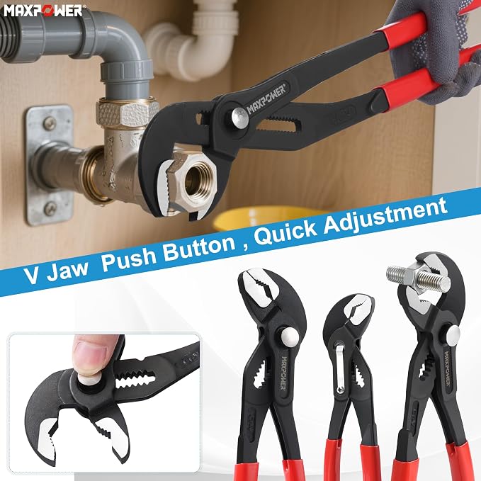 MAXPOWER 3-Piece Water Pump Pliers Set – 7" 10" 16" Tongue and Groove Pliers with Push Button Quick Adjustment | Plumbing Tool for Homeowner Plumber HVAC Mechanic | Includes Carrying Bag