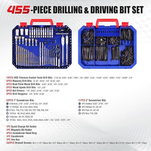 WORKPRO 455Pcs Drill Bit Set, 105-Piece Drill & Screwdriver Bit w/ 350 Screws Combo Kit, All-in-One Double Sided Power Tool Accessory Set Gift for DIY Home Repair & Masonry