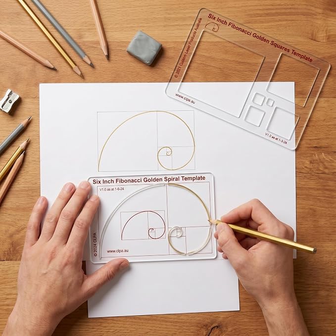 Fibonacci 6" Spiral Drawing Template, Golden Ratio Stencil