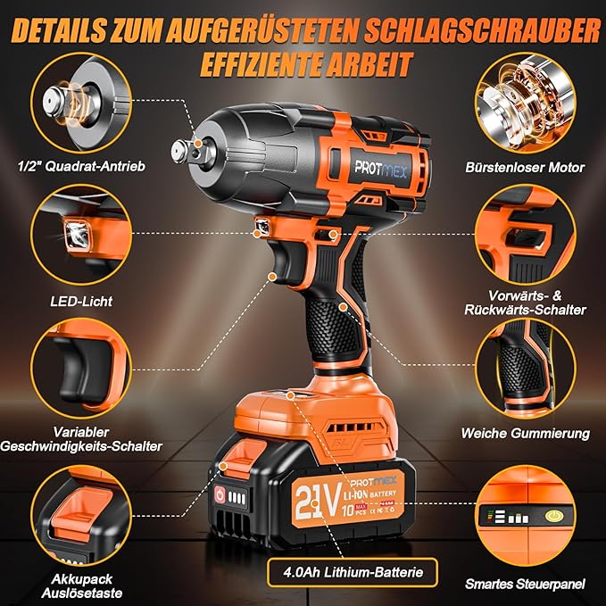 Cordless Impact Wrench, 900Ft-lbs (1200N.m) 1/2" Brushless Impact Gun, 21V High Torque Power Impact Driver, 2x4.0Ah Batteries Electric Impact Motor Variable Speeds for Car/Pickup Truck/Mower