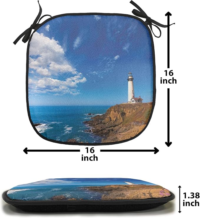 Lunarable Lighthouse Chair Cushion Pad, California City Pigeon Point Lighthouse in Cabrillo Coastal Image Print, Seat Padding for Kitchen & Patio with Anti-Slip Backing, 16"x16", Blue White Brown