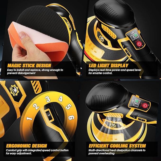Cordless Car Buffer Polisher kit [2x 2000mAh 21V Batteries & 18 PCS Attachments] 6-Speed Orbital Design, LED Display, Lightweight Detailing Tool for Waxing, Polishing & Scratch Removal-Yellow