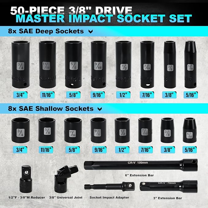 Impact Socket Set, 3/8 Socket Sets 50 Piece SAE and Metric Set, Cr-MO | Steel Standard SAE (5/16 to 3/4 inch) and Metric (8-22mm) 6 Point, 3 8 , Extension Bars, Impact Universal Joint, Adapter
