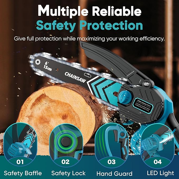 Mini Chainsaw- 6 Inch Electric Mini Chain Saw Cordless Battery Powered One-Hand Tree Trimming Saw with 2 Batteries, Portable Gardening Gadgets for Men, Unique Birthday Gifts (Blue)
