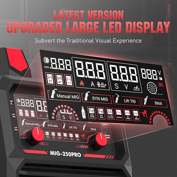 YESWELDER 250A MIG Welder, 110V/220V Dual Voltage, MIG/Pulsed MIG/Flux Core/Spool Gun MIG/Lift TIG/Stick 6-In-1 Multiprocess Advanced Digital Display Aluminum Welding Machine