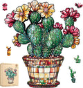 Delobil Stained Glass Cactus Wooden Puzzles for Adults, 500 Pieces Jigsaw Puzzles, Unique Shaped Royal Size Wood Puzzle Gift for Adults and Kids, Family Game 15.2'' x 17.7''