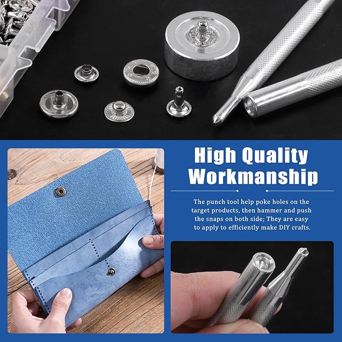 Glarks 160 Sets 2 Styles Leather Snap Fasteners Kit Including 12.5mm Metal Snap Buttons and 8 x 8mm Leather Rivets with 11Pcs Punch Hammer Setting Tools, Grease Pencils and Tape Measure