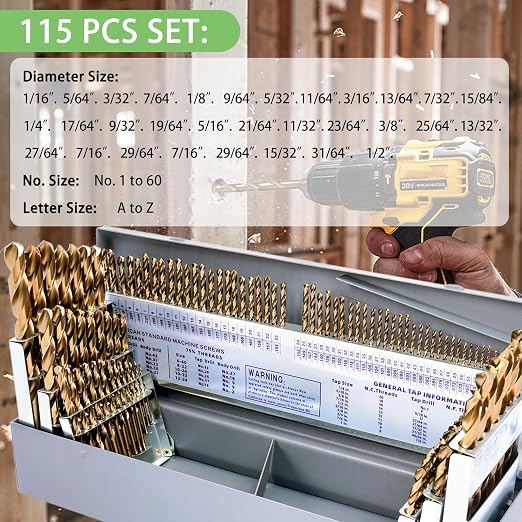 Cobalt Drill Bit Set - 115Pcs M35 High Speed Steel Bits for Hardened Metals, Stainless Steel, Cast Iron and Wooden Plastics, with Metal Index Storage Box,1/16"-1/2", A-Z, #1-#60
