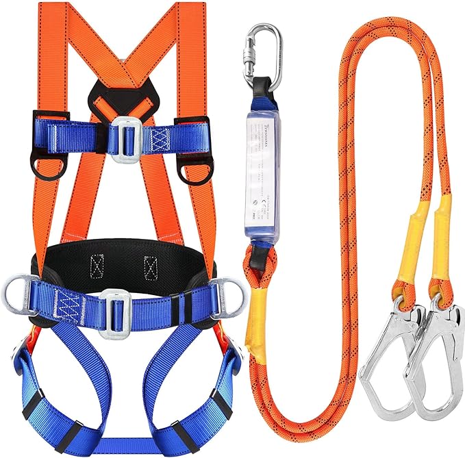 TT TRSMIMA Safety Harness Fall Protection Kit: Full Body Roofing harnesses with Shock Absorbing Lanyard - Updated Comfortable Waist Pad