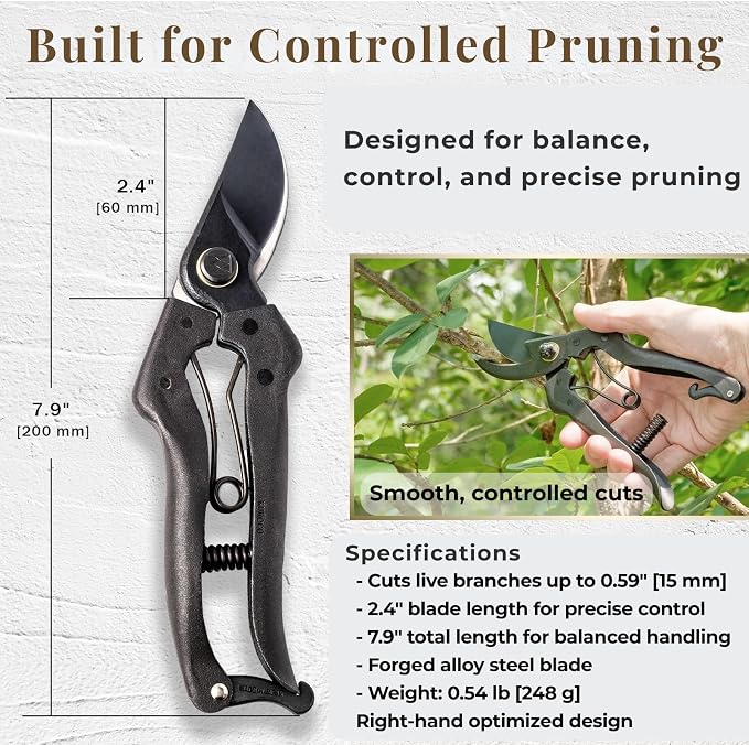 Wablade Japanese Pruning Shears Made in Japan, 7.9 Inch Bypass Hand Pruner for Live Branches up to 0.59 Inch, Forged Alloy Steel Blade Garden Shears for Clean, Controlled Cutting (Cusion-Spring Model)