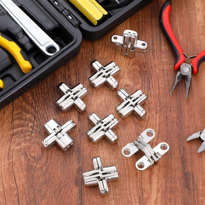 8 Packs Hidden Hinges for Cabinet Doors, 1-3/4" Stainless Steel Hidden Hinges, 180 Degree Invisible Hinge, Cross Concealed Hingesfor Cabinet, Folding Door, Folding Table and Cupboard