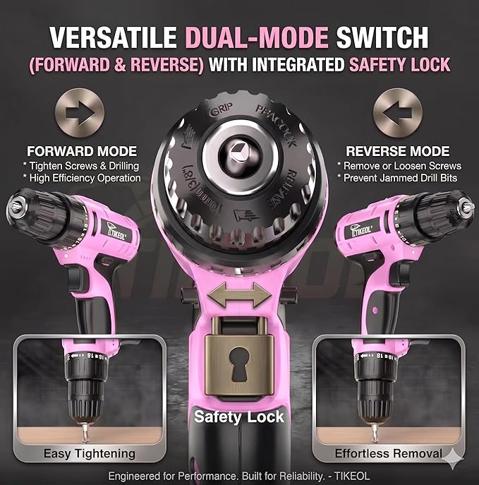 20V Cordless Pink Drill Set with Battery & Charger, 2-Speed Power Drill for Women, Pure Copper Motor, 250 In-lbs, 3/8" Keyless Chuck, Tool Kit for Home DIY（Pink）
