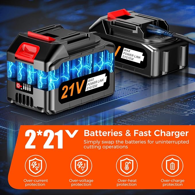 12" & 16" Electric Chainsaw Cordless, 21V Battery & Fast Charger,Brushless Chain Saw Kit with Safety Goggles and Gloves，Auto Oiling for Tree Pruning and Wood CuttingBranch