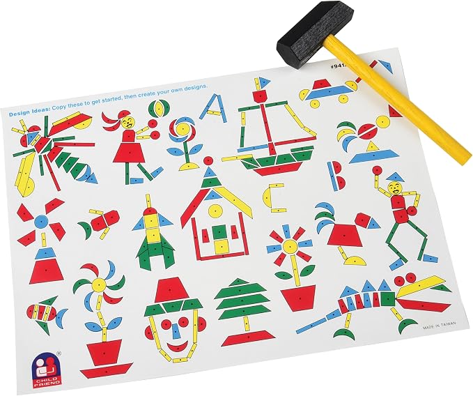 Hammer & Nail Design Kit – Montessori STEM Engineering & Geometry Building Set with 60 Wooden Tiles, Tacks, Hammer & Reusable Cork Board