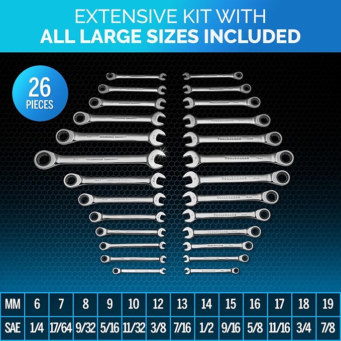 Ratcheting Wrench - Slim Profile - Ratchet Wrench, 26 Pieces Metric & Standard Wrench Set with Rack Organiser