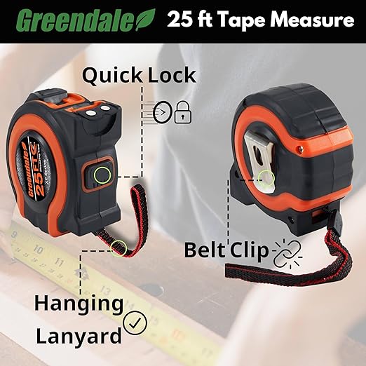 Greendale – 3 Pack Tape Measures 25 ft – Easy-Read Fractions, Magnetic Tip, Quick-Lock & Auto-Retract – Heavy-Duty Measuring Tape with Belt Clip – Red/Orange