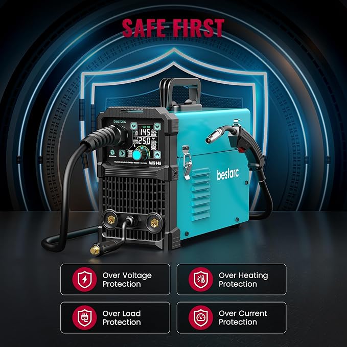 bestarc 145A MIG Welder, 110V 220V 4 in 1 Gas/Flux Core MIG/Lift TIG/Stick Welder Machine, Large LED Display Welding Machine, IGBT Inverter Welder MIG145 Soild Gasless Synergy MIG Welder