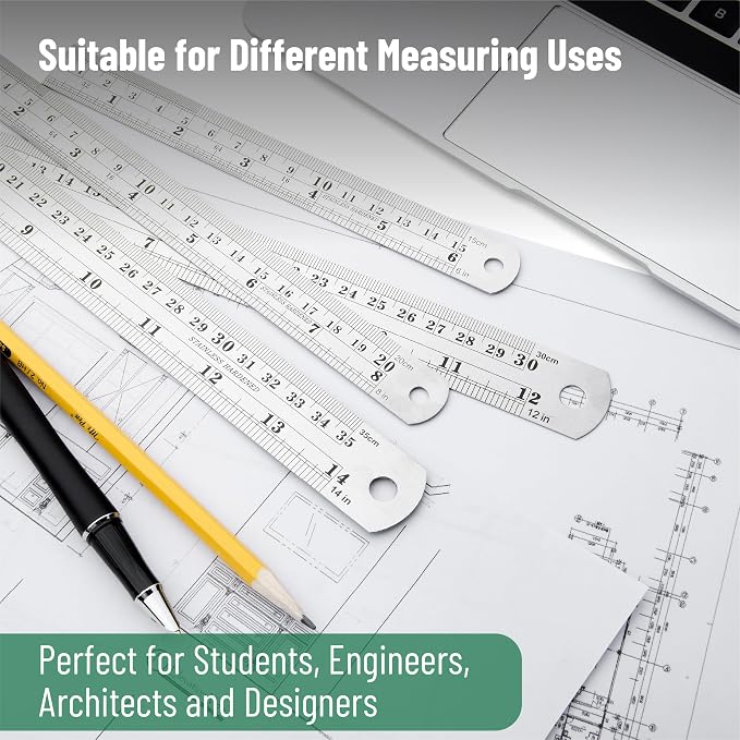 Mr. Pen- Metal Straight Edge Ruler, 6 pcs, 6", 8", 10", 12", 14", 16", Stainless Steel Ruler Set, Imperial & Metric Measurements for Drawing, Home, Office, Engineering