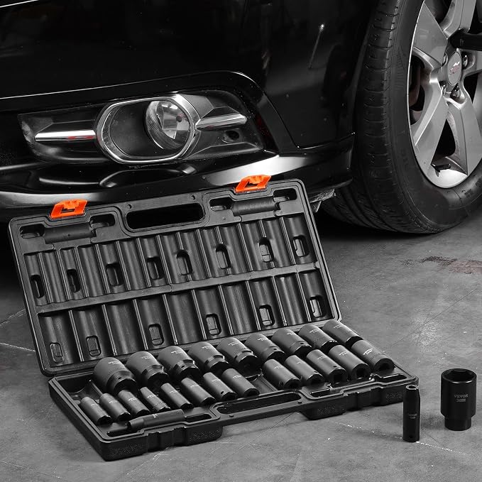 VEVOR 1/2" Drive Impact Socket Set, 26 Piece, Metric 10 to 36 mm | Deep Large Jumbo Impact Sockets, 6 Point, Cr-V, Easy-to-Read Size Markings, Rugged Construction, with Storage Case