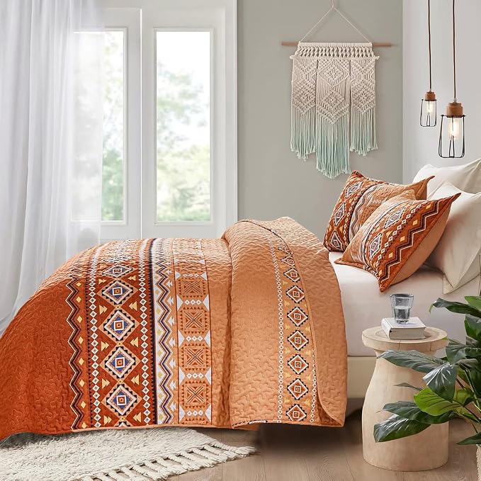 WONGS BEDDING Burnt Orange Boho Quilt Set Full,3 PCS Summer Quilt Bedspread Lightweight Geometry Printed Coverlet Set with 2 Pillowcase,Soft Bohemian Bedding Set 78''×90''