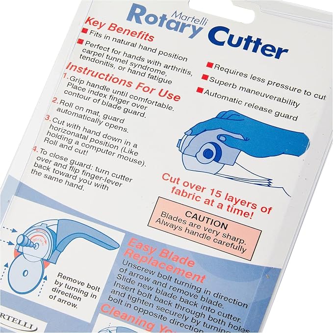 Martelli - Right Handed 60mm Ergonomic Fabric Rotary Cutter for safe pain free fabric cutting - sewing, quilting, fashion design notions & supplies good for arthritis carpal tunnel wrist pain