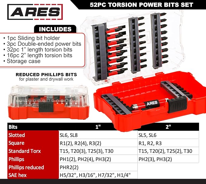 ARES 31022-52-Piece Torsion Power Bit Set with Sliding Bit Holder – Includes Standard and Reduced Philips, SAE Hex, Standard Torx, Slotted, Double-Ended Power, and Square