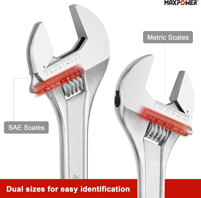 MAXPOWER 18" Adjustable Wrench, 2-1/8" Jaw Opening, Tapered Handle | Adjustable Spanner with SAE/Metric Scales, Polished Finish, and Comfort Grip – Perfect for Plumbing, Nuts, and Pipes