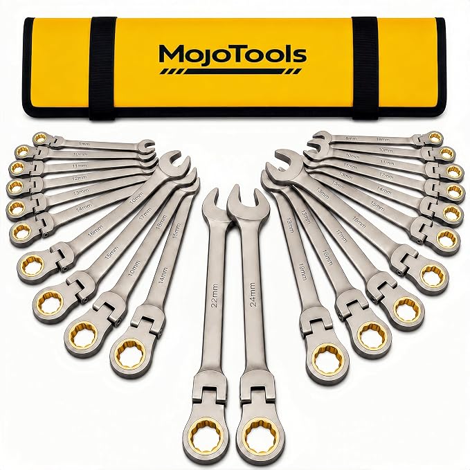 23-Piece Metric Wrench Set, Ratcheting Wrench Set with 8-24 mm Flex-Head Combination Wrenches, 9 Allen Keys, 72-Tooth Cr-V Steel, Nickel Plated, Organizer Bag