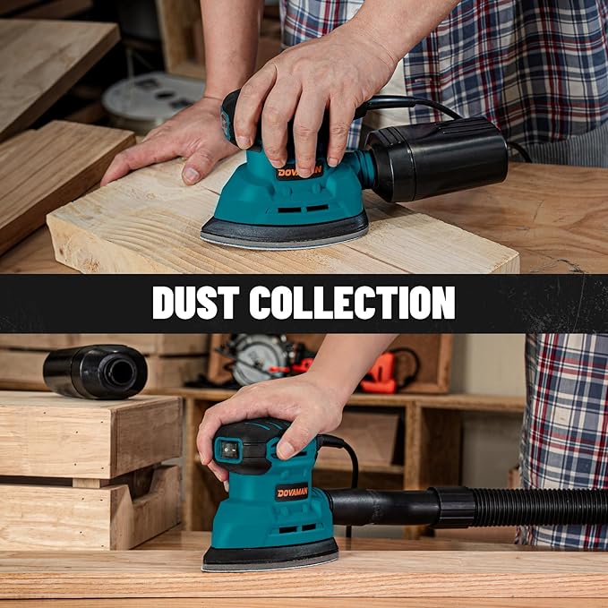DOVAMAN 130W Detail Sander, 12000RPM Palm Sander Tool, Dust Collection System, 12PCS Sandpaper, Compact Hand Tool for Wood Steel Surfaces