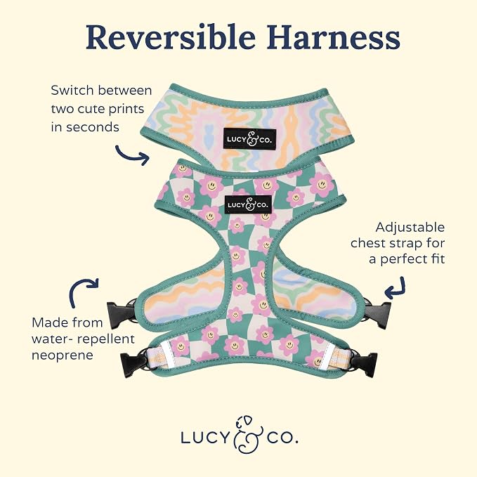 Lucy & Co. Reversible Dog Harness - Water-Repellent Neoprene, Dual-Print Design, Easy Swap Style, Adjustable Comfort Fit - Just Chill Reversible Harness - Large