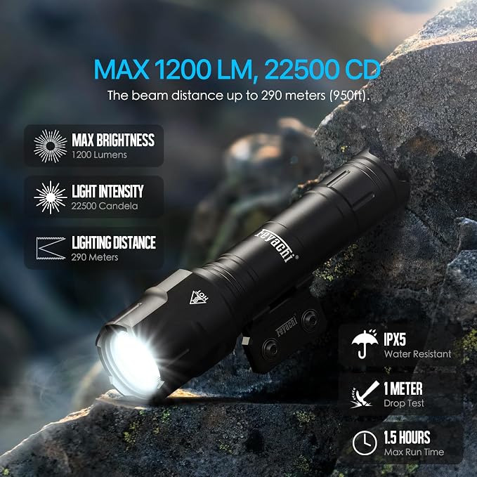 Feyachi Rifle Light 1200LM 22500Candela WL25 Tactical AR Flashlight LED Outdoor Light with Pressure Switch & Picatinny Rail Mount, 3 Modes - High/Low/Strobe (Mlok-Black)