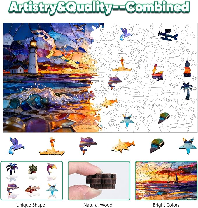 Leodozzio Wooden Puzzles for Adults, Sunset Lighthouse Jigsaw Puzzles 200 Pieces, 5MM Thick Unique Shaped Animal Wooden Puzzle, Perfect Choice Gift Wall Art Room & Artistic Home Decor, 7.3"x13"