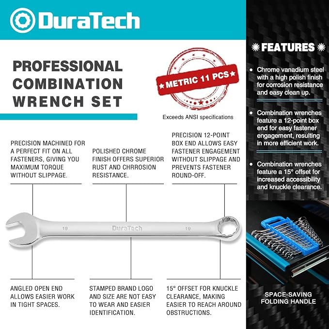 DURATECH Combination Wrench Set, Metric, 11-Piece, 8-19mm | 12-Point, CR-V Steel, Organized in Wrench Holder