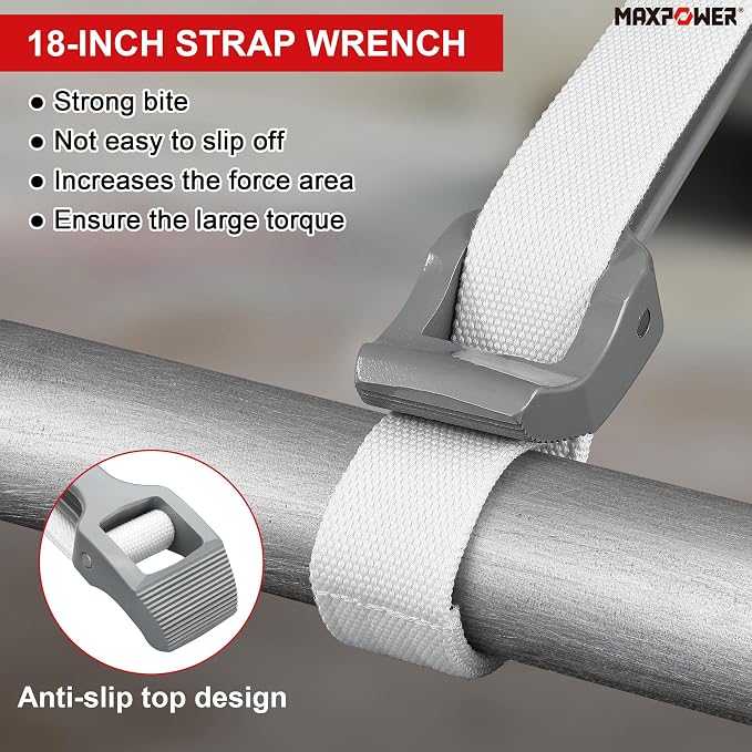 MAXPOWER Strap Wrench, 18" & 12" Adjustable Strap Wrenches Set, Nylon Strap Pipe Wrench for Replacing Oil Filter, Water Filter, PVC Junction, 2-Piece