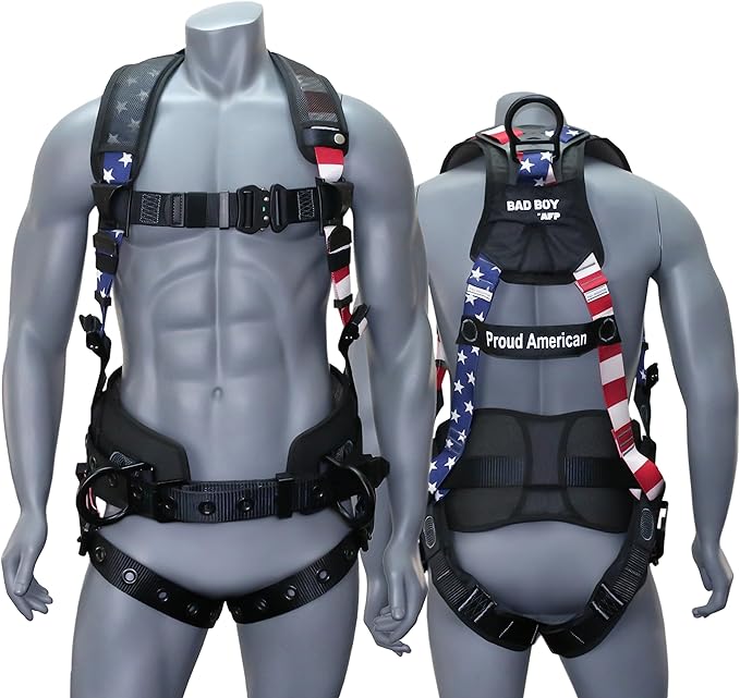 AFP Fall Protection Full-Body Premium Safety Harness, 8” Thick Support Belt, Aluminum D-Rings, Tongue Buckle (OSHA/ANSI PPE)