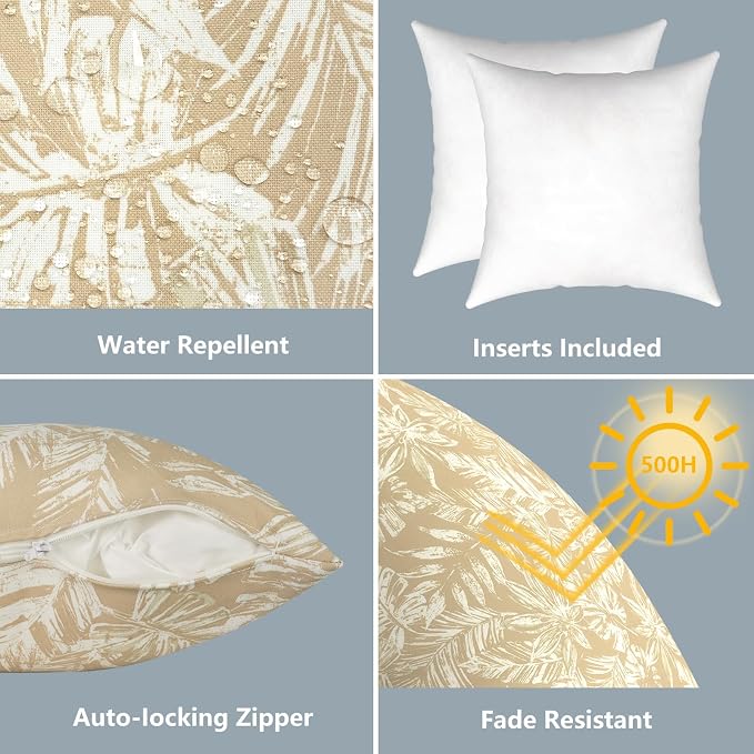 LVTXIII 2 Pack Outdoor Pillows 18x18 Inch, Square Throw Pillows with Inserts, Decorative Water-Repellent Pillow Cushions for Patio Furniture and Garden Sofa, Tropical Leaf Oat