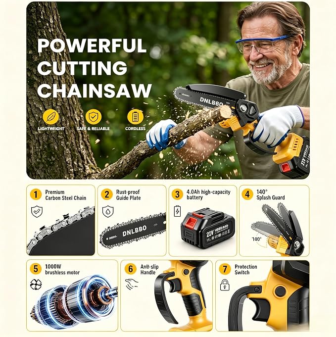 Mini Chainsaw Cordless, 8 IN Brushless Electric Chainsaw for Wood Cutting | 1*4000mAh Battery, Auto Oiler, 1000W Powerful Handheld Chain Saw for Branch Trimming, Garden Tools Gift for Men Dad Husband
