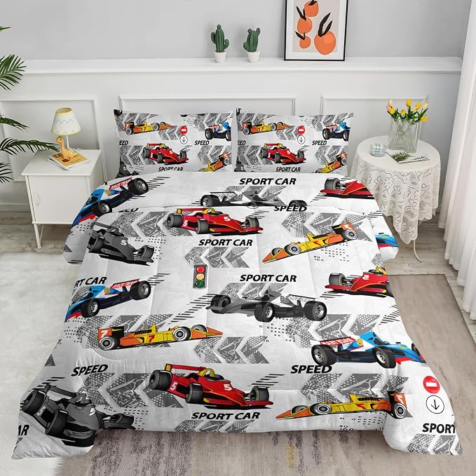 Axolotl Racing Car Comforter Set King Size,Extreme Sports Themed Boys Bedding for Boys Teens Girls,3 Piece Cool Speed Race Cars Quilt Set with 1 Comforter 2 Pillowcases,Multi Color