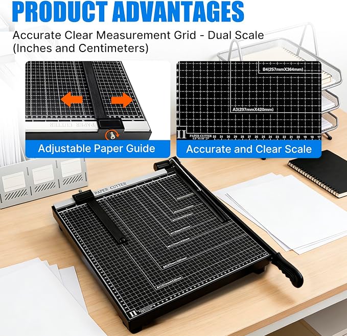 Paper Cutter,Guillotine Paper Trimmer Cutter for Office and Crafts,Heavy Duty Metal Base,12 Sheets Capacity,Portable Paper Slicer with Safety Guard and Blade Lock for Home, Office (18 inch)