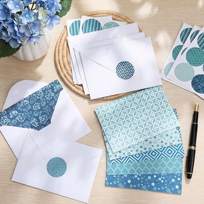 Maitys 200 Set Geometry Blank Cards and Envelopes Bulk 4x6 Inch Blank Blue Greeting Cards with Envelopes & Stickers 10 Elegant Designs Stationery Notecards for Anniversary Birthday Business Events