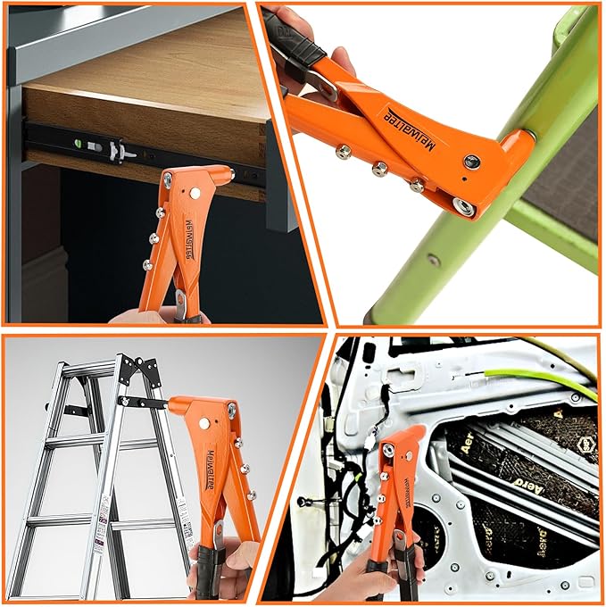 Rivet Gun with 200PCS Rivets and 4 Drill Bits, Professional Aluminum Alloy Riveter, Heavy Duty Pop Manual Riveting Tool with 4 Interchangeable Heads for Metal, Wood and Plastic